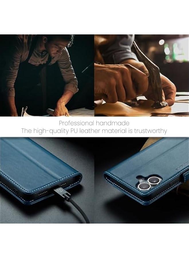 حامل بطاقة ائتمان مع حافظة حماية لهاتف آيفون 16 من البولي يوريثين اللون ازرق بتقنية حجب الموجات الراديوية ومسند قابل للطي ومشبك مغناطيسي بحجم 6.1 انش، للرجال والنساء - Image 5