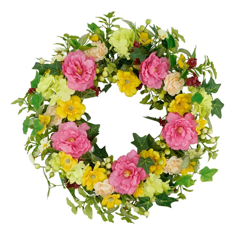 YNYLCHMX 18" Spring Summer Wreaths for Front Door, Artificial Floral Wreath with Peony and Eucalyptus Leaves, Green Foliage Wreath for Wall Window Farmhouse Party Holiday Home Decor - Image 1