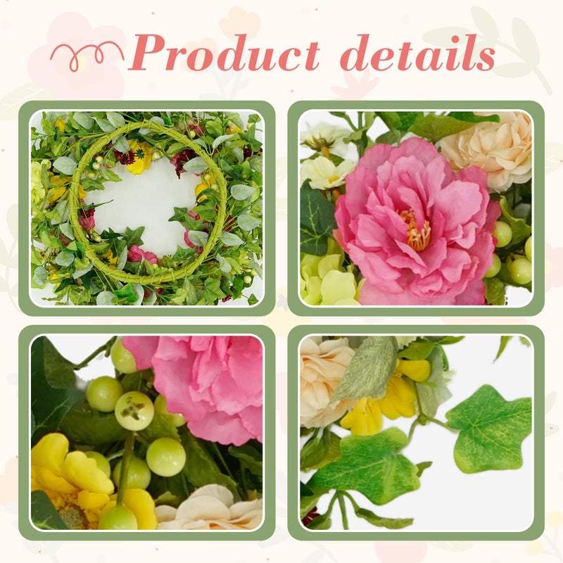 YNYLCHMX 18" Spring Summer Wreaths for Front Door, Artificial Floral Wreath with Peony and Eucalyptus Leaves, Green Foliage Wreath for Wall Window Farmhouse Party Holiday Home Decor - Image 4