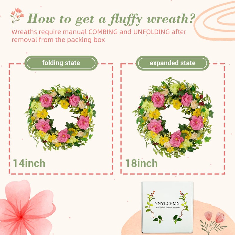 YNYLCHMX 18" Spring Summer Wreaths for Front Door, Artificial Floral Wreath with Peony and Eucalyptus Leaves, Green Foliage Wreath for Wall Window Farmhouse Party Holiday Home Decor - Image 3