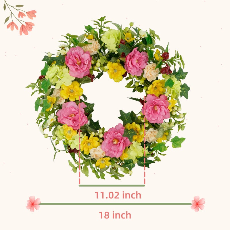 YNYLCHMX 18" Spring Summer Wreaths for Front Door, Artificial Floral Wreath with Peony and Eucalyptus Leaves, Green Foliage Wreath for Wall Window Farmhouse Party Holiday Home Decor - Image 2
