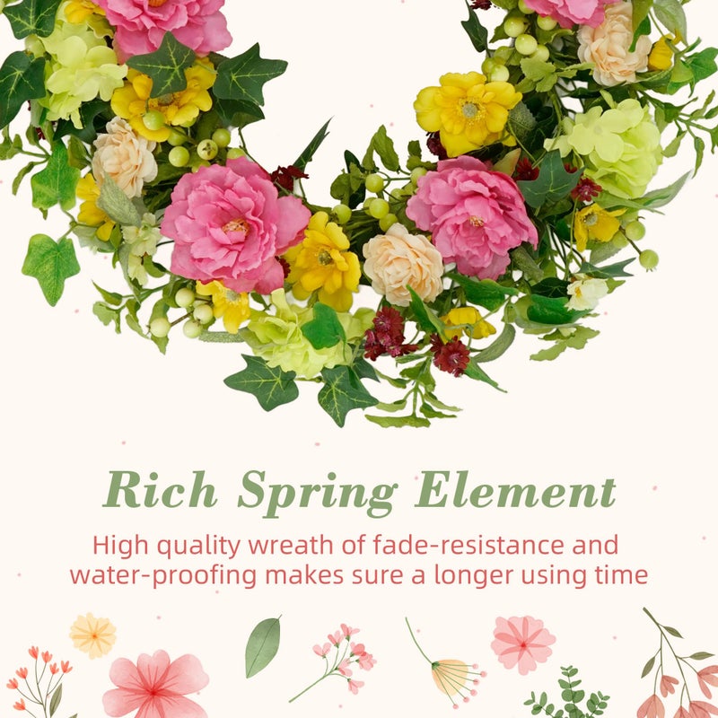 YNYLCHMX 18" Spring Summer Wreaths for Front Door, Artificial Floral Wreath with Peony and Eucalyptus Leaves, Green Foliage Wreath for Wall Window Farmhouse Party Holiday Home Decor - Image 5