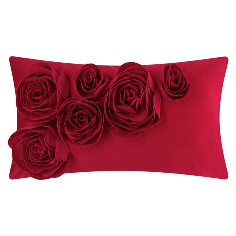 JWH 3D Flower Throw Pillow Cover Decorative Handmade Floral Pillow Case Soft Velvet Pillowcase Lumbar Cushion for Bed Living Room Chair Couch Decor Shams 12x20 Inch Red