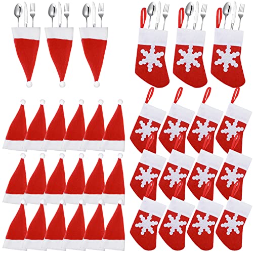 Sawysine 36Pieces Christmas Silverware Holders Christmas Stockings Dinner Table Decorations Mini Santa Hats Cutlery Holder Fork Spoon Knife Storage Bag for Dinnerware Xmas Holiday Dinner Supplies - Image 1