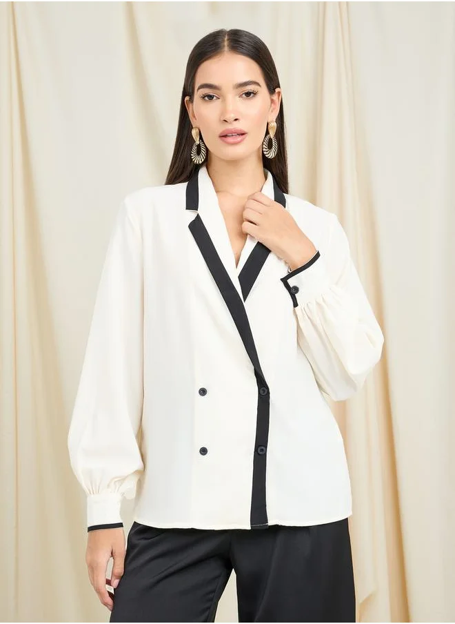 ستايلي Contrast Notch Lapel Double Breasted Blazer Top