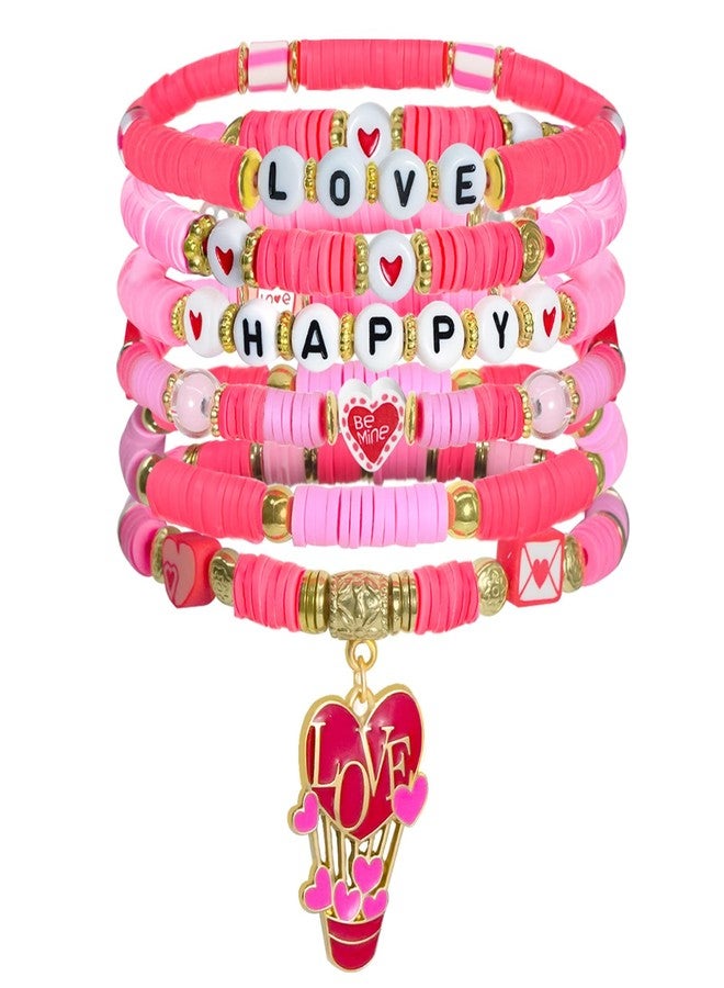 mintolex Valentines Gifts for Her Pink Love Heart Heishi Letter Beaded Bracelet Set for friends, Girlfriend, Wife, Sister, Galentines, Women Valentine’s Day Outfits Costume Accessories - HAPPY LOVE - Image 1