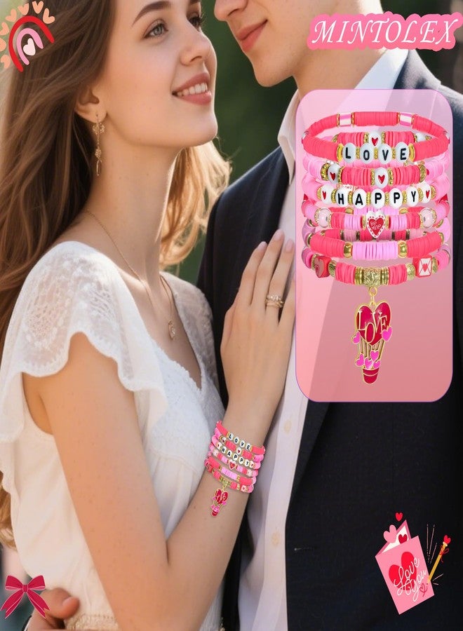 mintolex Valentines Gifts for Her Pink Love Heart Heishi Letter Beaded Bracelet Set for friends, Girlfriend, Wife, Sister, Galentines, Women Valentine’s Day Outfits Costume Accessories - HAPPY LOVE - Image 3