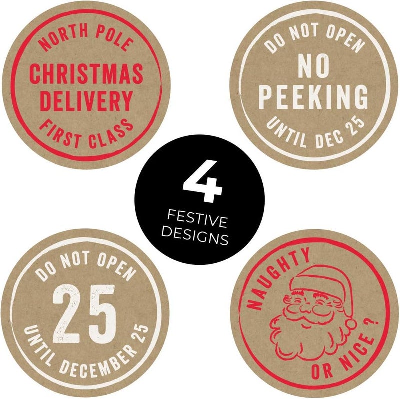 SBlabels No Peeking Christmas Stickers / 250 Brown Kraft Christmas Gift Tags / 4 Festive Winter Holiday Designs/North Pole Naughty Or Nice Santa Labels/Made in The USA - Image 1