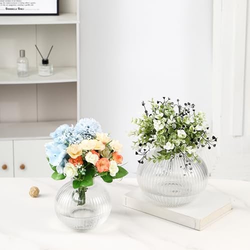 YANWE1 Round Glass Vases Set of 2, Flower Vases for Bouquet, Ribbed Glass Vase for Flowers, Small Clear Vase for Living Room, Office, Coffee Table, Shelf, Wedding - Image 2