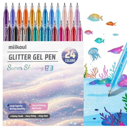 miikoul Glitter Gel Pens, 24 Pack Super Glitter Colors Paint Pens 1.0mm Fine Tip Large Capacity Colored Drawing Pens Sparkle Paint Pen for Kids Adults DIY Craft Making, Coloring, Doodling, Scrapbooking - Image 1
