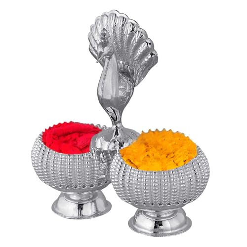 PRD CARATCAFE Silver 925 Haldi Kumkum Sindoor Box Dabbi for Pooja. Deccorative Kumkum Box with Shell Design Handle, Dual Compartment, Peacock Pattern.(Net Wt 28 to 32 Grams). (Frosted) - Image 1