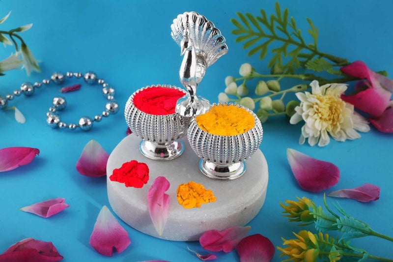 PRD CARATCAFE Silver 925 Haldi Kumkum Sindoor Box Dabbi for Pooja. Deccorative Kumkum Box with Shell Design Handle, Dual Compartment, Peacock Pattern.(Net Wt 28 to 32 Grams). (Frosted) - Image 4