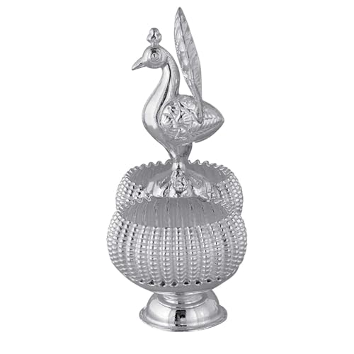 PRD CARATCAFE Silver 925 Haldi Kumkum Sindoor Box Dabbi for Pooja. Deccorative Kumkum Box with Shell Design Handle, Dual Compartment, Peacock Pattern.(Net Wt 28 to 32 Grams). (Frosted) - Image 3