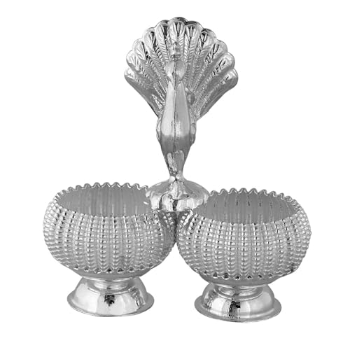 PRD CARATCAFE Silver 925 Haldi Kumkum Sindoor Box Dabbi for Pooja. Deccorative Kumkum Box with Shell Design Handle, Dual Compartment, Peacock Pattern.(Net Wt 28 to 32 Grams). (Frosted) - Image 2