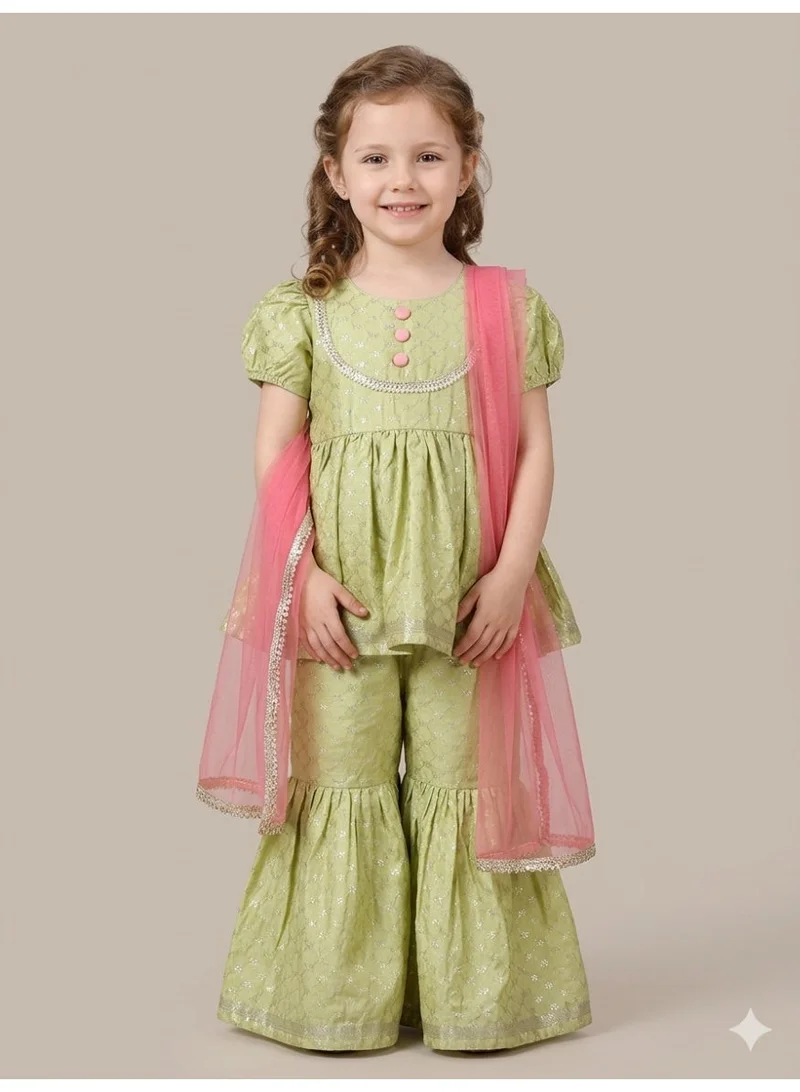 Saka Designs Girls Ethnic Motif Printed Kurta With Sharara & Dupatta