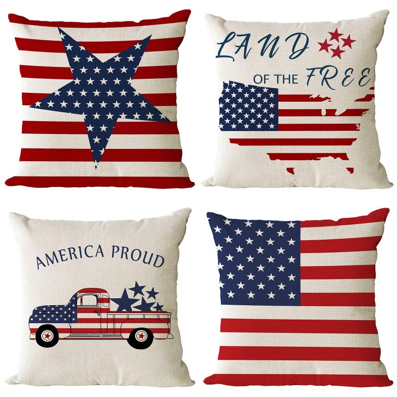 YeeJu Set of 4 Patriotic Throw Pillow Covers 18x18 4th of July Pillow Covers American Flag Fourth of July Memorial Day Independence Day Red White Blue Veteran Pillow Cases for Home Outdoor Decoration