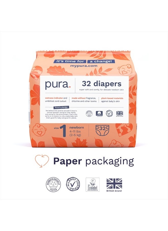 Pura - Size 1 Eco-Friendly Diapers (4-11lbs) Hypoallergenic, Soft Organic Cotton Comfort, Sustainable, Wetness Indicator, Allergy UK Certified. Newborn 1 Pack of 32 Baby Diapers - Image 1