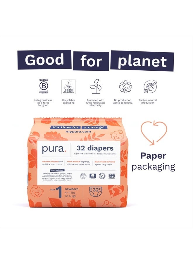 Pura - Size 1 Eco-Friendly Diapers (4-11lbs) Hypoallergenic, Soft Organic Cotton Comfort, Sustainable, Wetness Indicator, Allergy UK Certified. Newborn 1 Pack of 32 Baby Diapers - Image 1