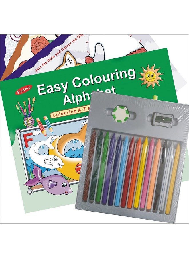 PADMA Plastic Wax Crayons Colors Set 14 Shade Kit For Kids With Drawing|Colouring&Activity Book For Girls And Boys Under 2 Year Old (Kids Plastic Crayons|Alphabet Coloring Book)|Multicolor - Image 1