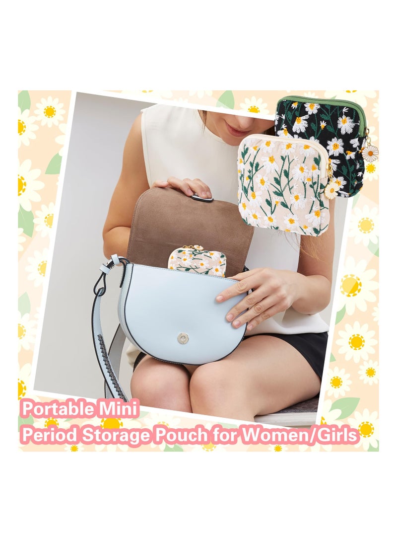 Daisy Embroidery Menstrual Cup Pouch, Cotton Sanitary Napkin Storage Bag, Portable Tampon Holder Pad Pouch for Women Teen Girls - Image 2