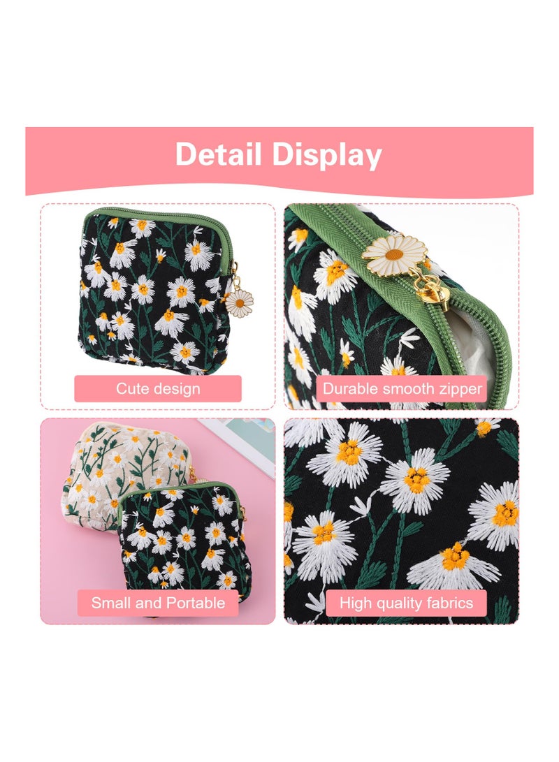 Daisy Embroidery Menstrual Cup Pouch, Cotton Sanitary Napkin Storage Bag, Portable Tampon Holder Pad Pouch for Women Teen Girls - Image 5