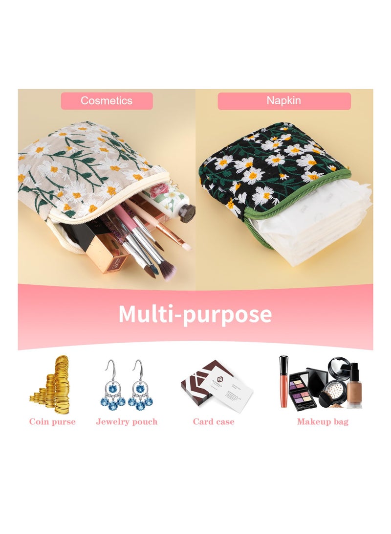 Daisy Embroidery Menstrual Cup Pouch, Cotton Sanitary Napkin Storage Bag, Portable Tampon Holder Pad Pouch for Women Teen Girls - Image 3