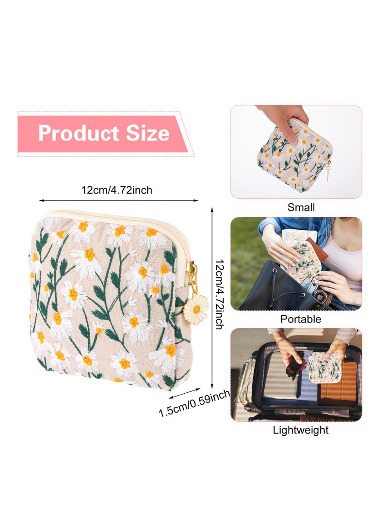 Daisy Embroidery Menstrual Cup Pouch, Cotton Sanitary Napkin Storage Bag, Portable Tampon Holder Pad Pouch for Women Teen Girls - Image 4