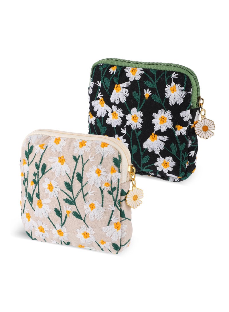 Daisy Embroidery Menstrual Cup Pouch, Cotton Sanitary Napkin Storage Bag, Portable Tampon Holder Pad Pouch for Women Teen Girls - Image 1