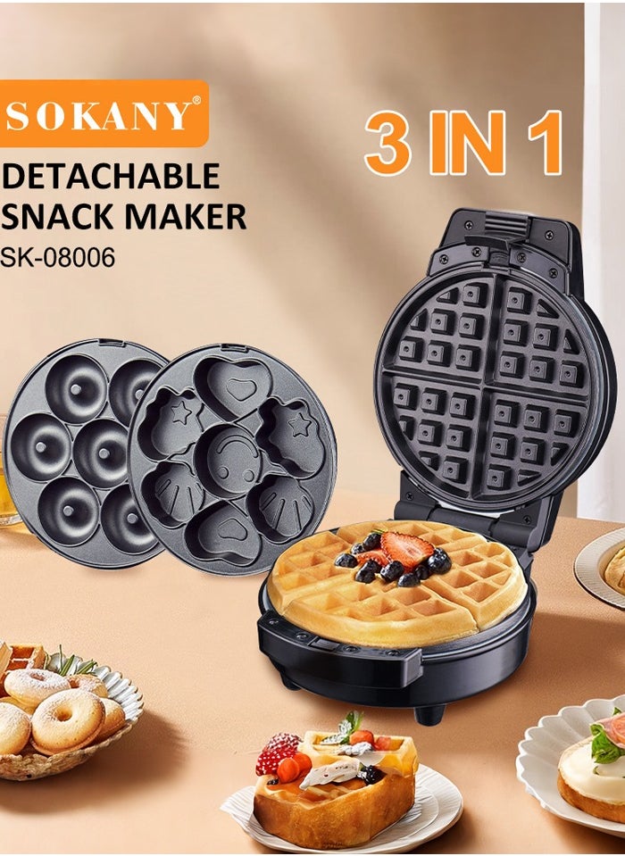 sokany - 3-IN-1 Waffle Maker,Non-Stick Multi Snacks Maker with WaffleDonut/Cartoon Cake, Detachable Plates 800 SK-08006 Black/Silver - Image 1