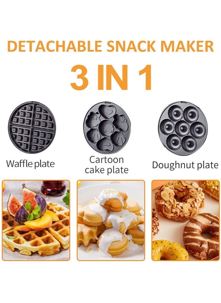 sokany - 3-IN-1 Waffle Maker,Non-Stick Multi Snacks Maker with WaffleDonut/Cartoon Cake, Detachable Plates 800 SK-08006 Black/Silver - Image 1