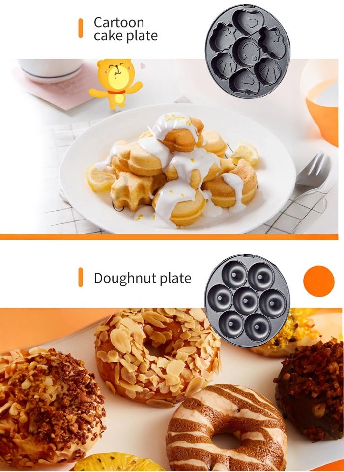 sokany - 3-IN-1 Waffle Maker,Non-Stick Multi Snacks Maker with WaffleDonut/Cartoon Cake, Detachable Plates 800 SK-08006 Black/Silver - Image 1