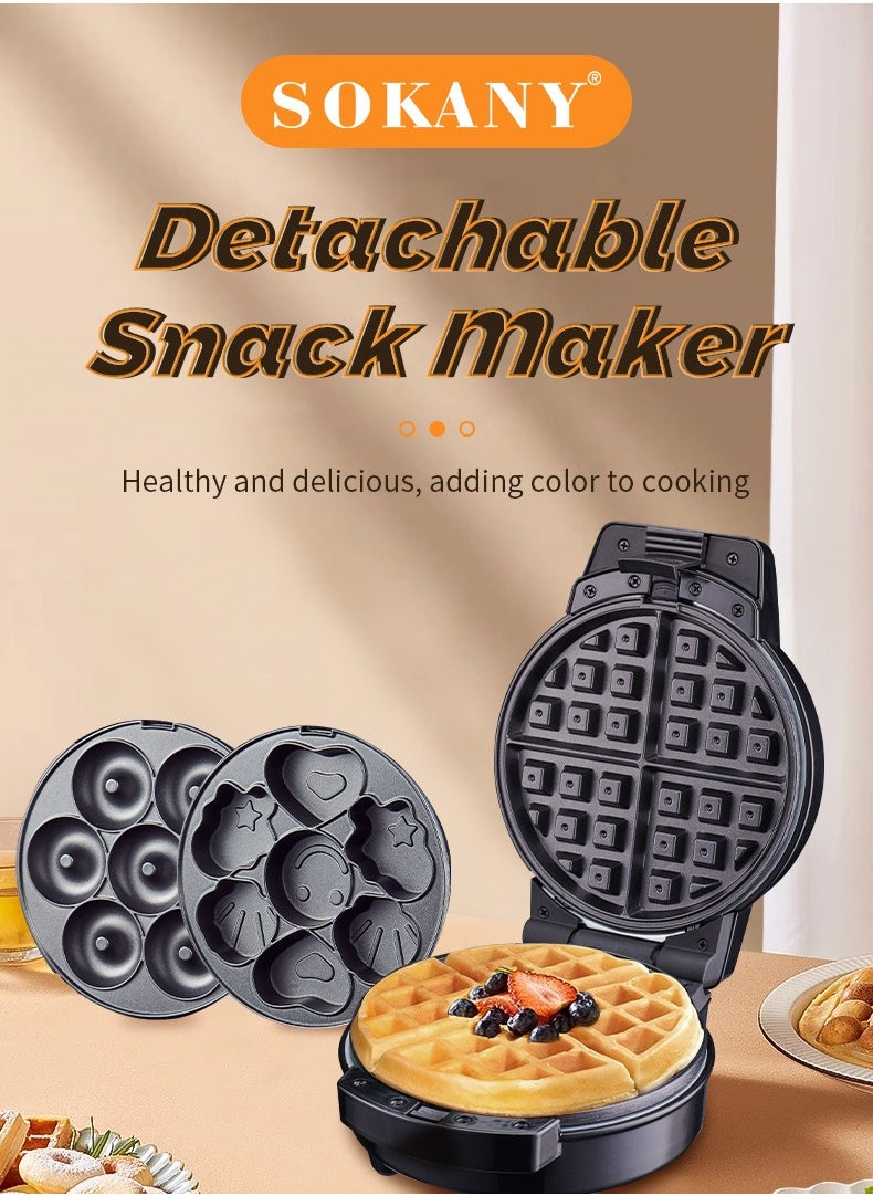 sokany - 3-IN-1 Waffle Maker,Non-Stick Multi Snacks Maker with WaffleDonut/Cartoon Cake, Detachable Plates 800 SK-08006 Black/Silver - Image 1