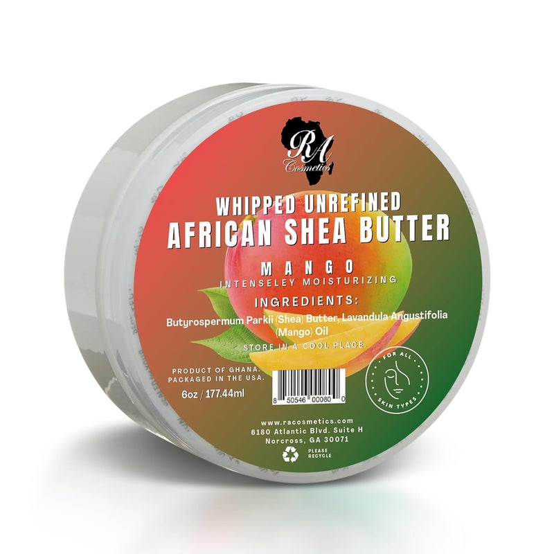 RA COSMETICS Whipped Shea Butter Mango  6oz  100 Pure and Natural African Shea Butter for Men  Women  Ultimate Handcrafted Moisturizer with Essential Vitamins for Radiant Skin  Luscious Hair