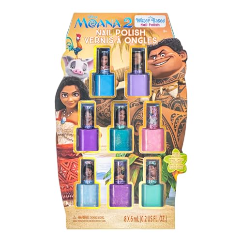 Townley Girl Moana 2 NonToxic WaterBased Peel Off Nail Polish Set with Glittery Shimmery and Opaque Colors for Girls Kids Ages 3 Perfect for Parties Sleepovers and Makeovers 8 Pcs