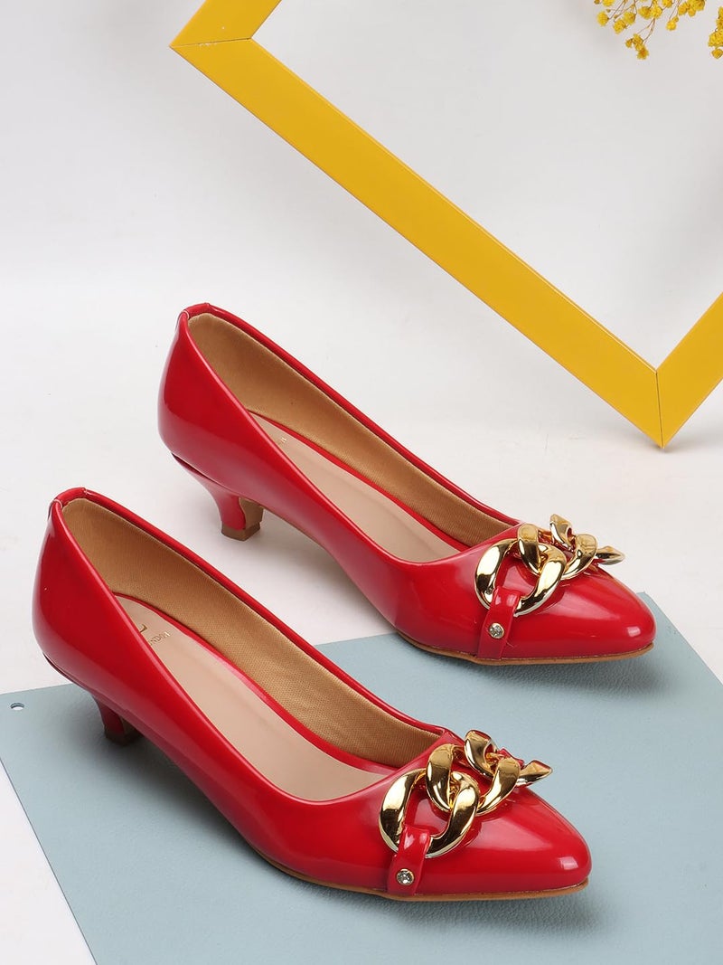 Carlton London Women Red Stylish Slip-on Pump Shoes with Kitten Heels, Pointed Toe (37) - Image 4
