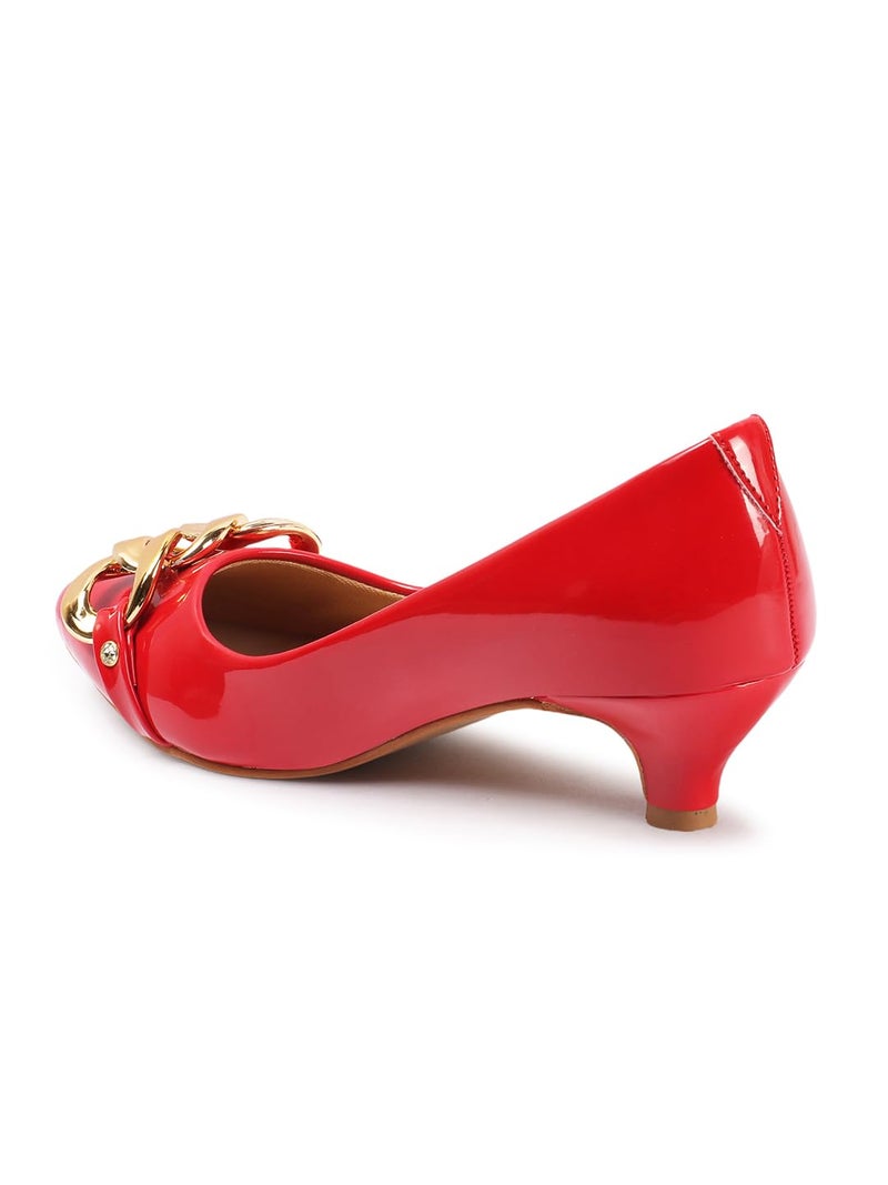 Carlton London Women Red Stylish Slip-on Pump Shoes with Kitten Heels, Pointed Toe (37) - Image 5