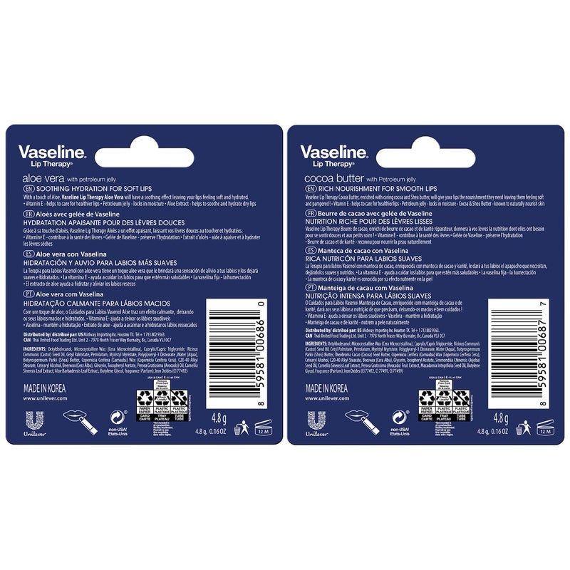 Vaseline Lip Therapy Variety 4-Pack â€“ Cocoa Butter + Aloe Vera Moisturizing Lip Balm with Vitamin E, 0.16 Oz Ea - Image 2