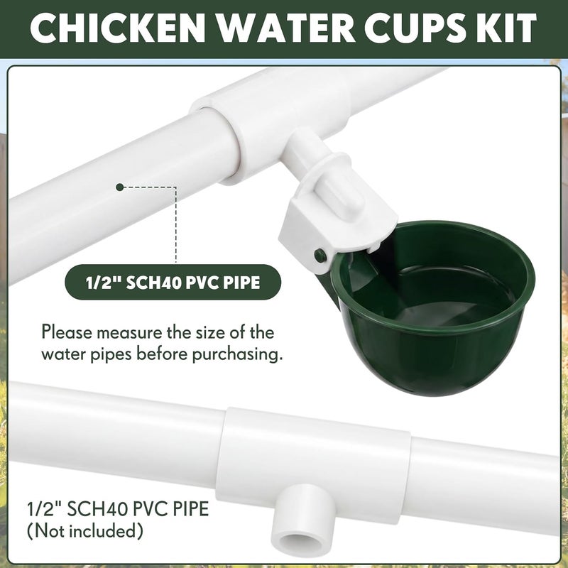 LemonRoad 30 Set Automatic Chicken Waterer Cup with 1/2" PVC Tee Fitting Chicken Drinking Bowl, Poultry Drinker Mounting Hole Opener,Water Dispenser Feeder for Duck, Goose, Pigeon(Military Green) - Image 3