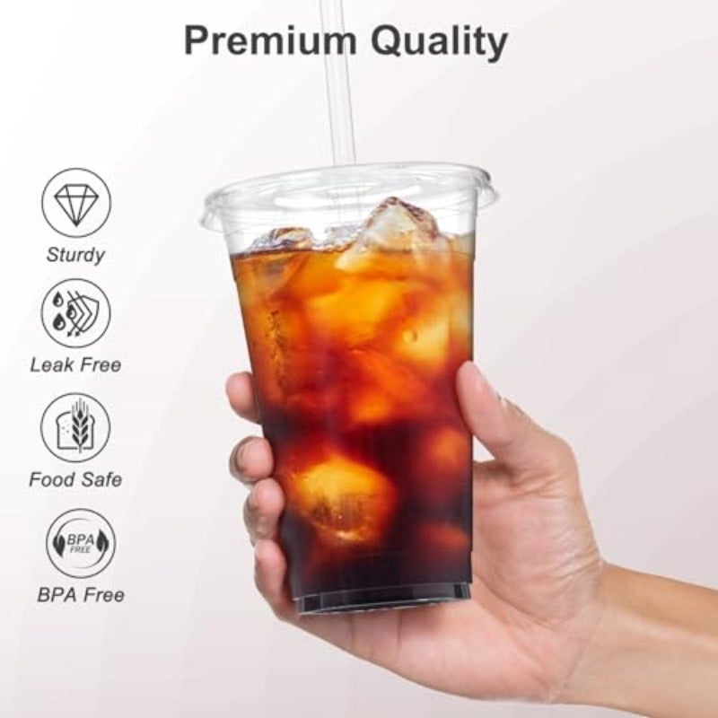 Dealusy 100 Pack - 24 oz Clear Plastic Cups with Lids and Straws Sturdy and Food Safe Iced Coffee Cups with lids Disposable Plastic Smoothie Cups for Cold Drinks Sturdy and Food Safe Iced Coffee Cups with lids Disposable Plastic Smoothie Cups for Cold Drinks - Image 3
