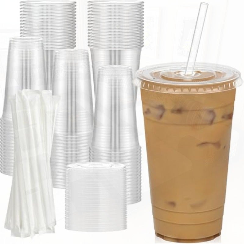 Dealusy 100 Pack - 24 oz Clear Plastic Cups with Lids and Straws Sturdy and Food Safe Iced Coffee Cups with lids Disposable Plastic Smoothie Cups for Cold Drinks Sturdy and Food Safe Iced Coffee Cups with lids Disposable Plastic Smoothie Cups for Cold Drinks - Image 1