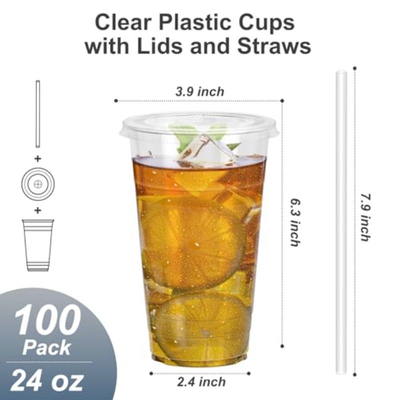 Dealusy 100 Pack - 24 oz Clear Plastic Cups with Lids and Straws Sturdy and Food Safe Iced Coffee Cups with lids Disposable Plastic Smoothie Cups for Cold Drinks Sturdy and Food Safe Iced Coffee Cups with lids Disposable Plastic Smoothie Cups for Cold Drinks - Image 2