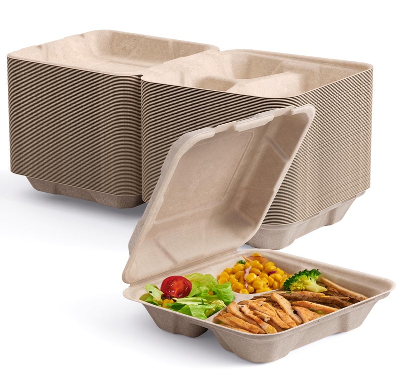 حاويات ECOLipak 50 عبوة من نوع Clamshell للوجبات الجاهزة 100 قابلة للتحلل حاويات طعام للتخلص منها 8X8 3 مقصورات قوية للاستخدام الخارجي صديقة للبيئة قابلة للتحلل حاويات طعام للاستخدام الخارجي