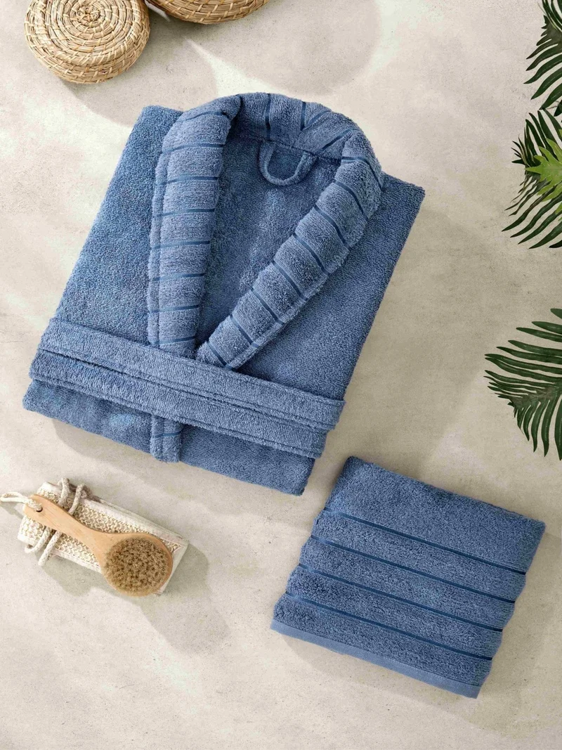 مبرا هوم Aqualoom Luxury Men's Bathrobe and Towel Set Cotton Blue
