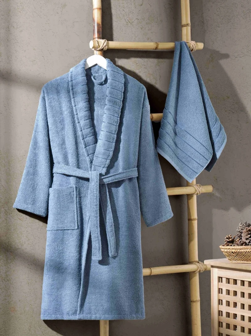 مبرا هوم Aqualoom Luxury Men's Bathrobe and Towel Set Cotton Blue