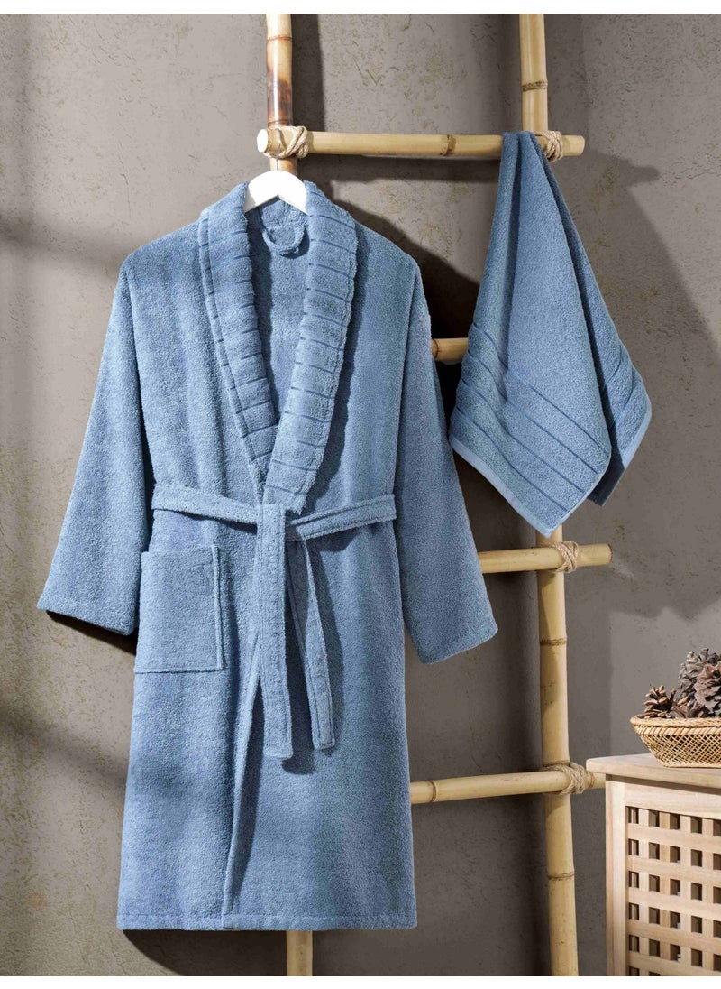 Aqualoom Luxury Men's Bathrobe and Towel Set Cotton Blue