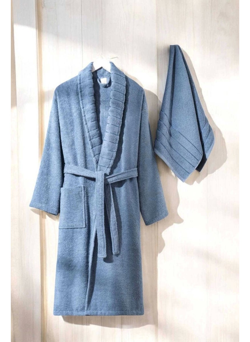 Aqualoom Luxury Men's Bathrobe and Towel Set Cotton Blue