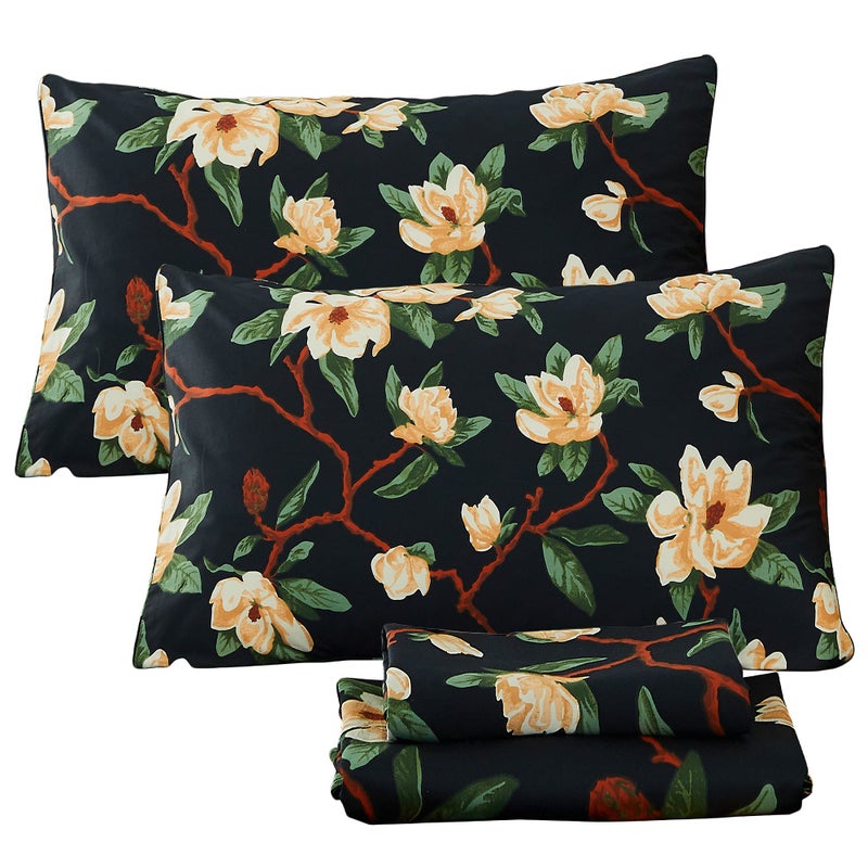 FADFAY Sheets Set Queen Shabby Black and Yellow Floral Bedding Elegant Peony Sheets Set Vintage Farmhouse Bedding Soft 100 Egyptian Cotton 800 Thread Count Deep Pocket Fitted Sheet 4PcsQueen Size