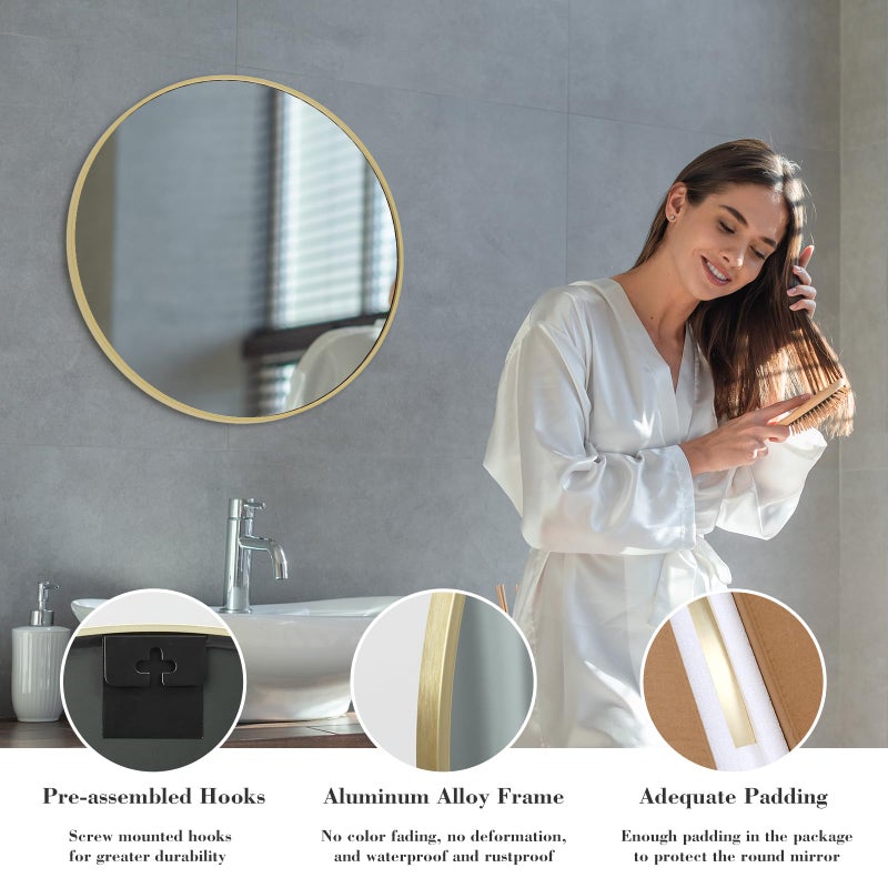 NEWBULIG Gold Round Wall Mirror 24 Inch, Bathroom Mirrors for Over Sink, Wall Decor for Bathroom, Entryway, Bedroom, Vanity - Image 4