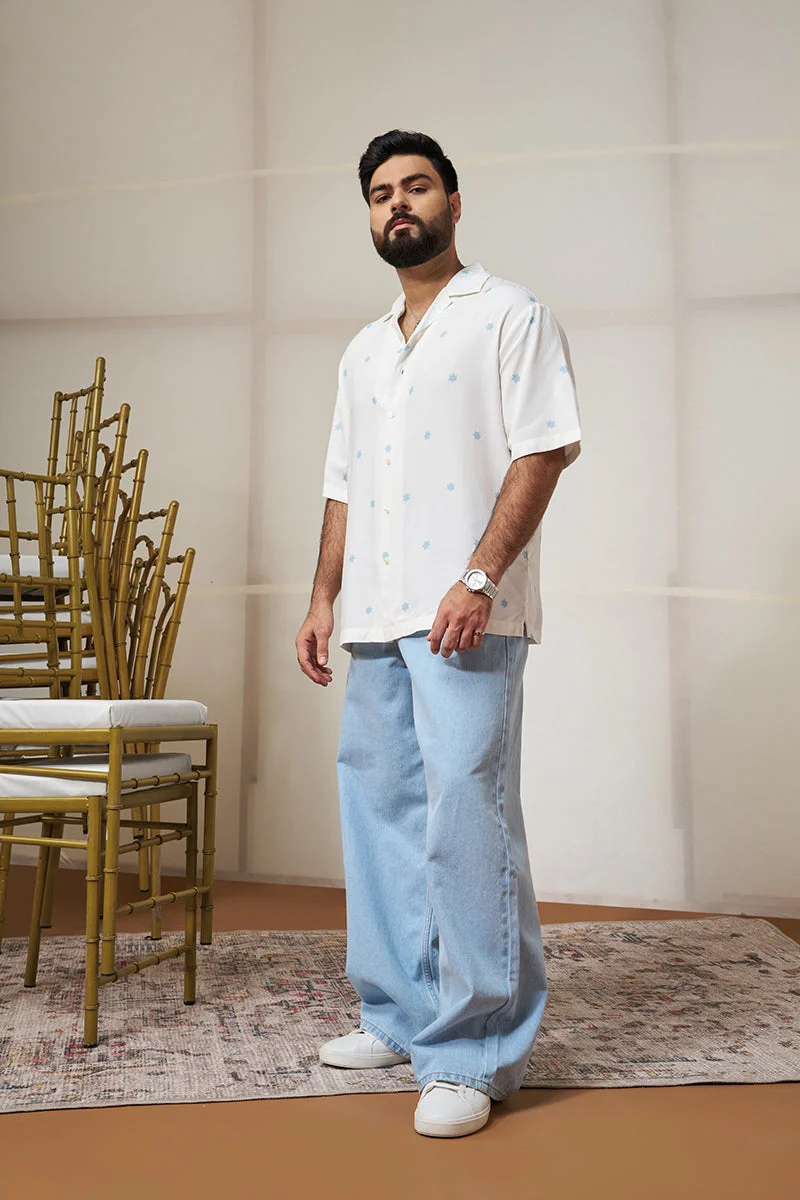 سنيتش White Printed Half Sleeve Relaxed Shirt