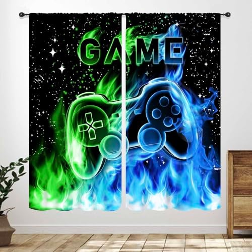 Lnepty Gamer Curtains for Boys Room,Blue Flame Video Gamer for Boys Kids Teen Bedroom Window Treatment,Outer Space Gaming Game Controller Nursery Living Room Drapes 2 Panel Sets,42X45 Inch - Image 1